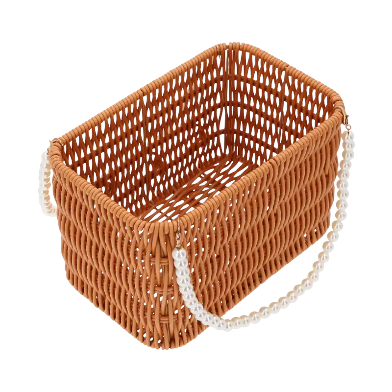 Prostokątny brązowy koszyk z perełkami 21x14x13H z plecionki.