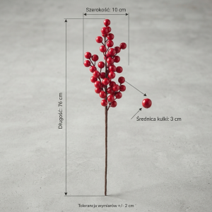 Infografika przedstawiająca gałązkę dekoracyjną z czerwonymi kulkami o długości 76 cm i szerokości 10 cm z wymiarami.