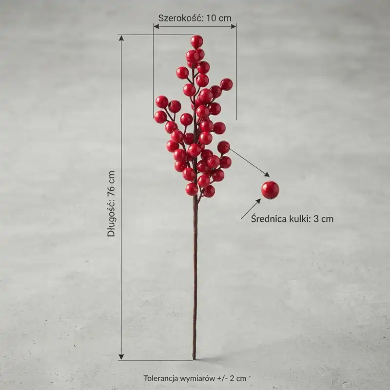 Infografika przedstawiająca gałązkę dekoracyjną z czerwonymi kulkami o długości 76 cm i szerokości 10 cm z wymiarami.