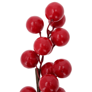 Zbliżenie na lśniące czerwone kulki gałązki dekoracyjnej o długości 76 cm do kompozycji florystycznych.