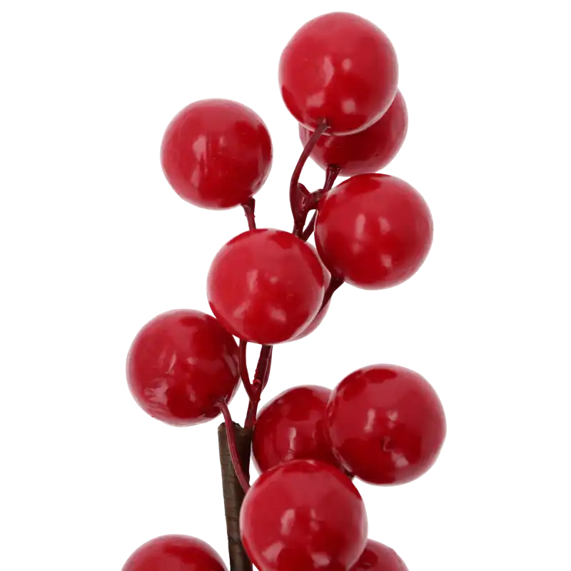 Zbliżenie na lśniące czerwone kulki gałązki dekoracyjnej o długości 76 cm do kompozycji florystycznych.