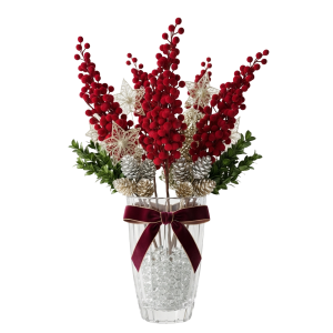 Czerwona welurowa gałązka dekoracyjna 68 cm w eleganckiej aranżacji florystycznej w szklanym wazonie z kokardą.