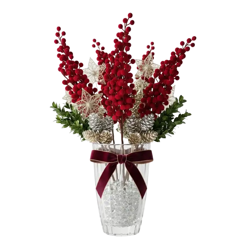 Czerwona welurowa gałązka dekoracyjna 68 cm w eleganckiej aranżacji florystycznej w szklanym wazonie z kokardą.