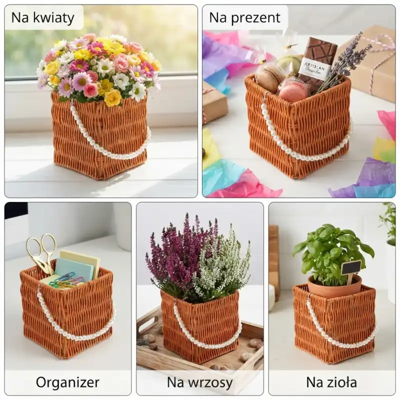 Kolaż z pięcioma aranżacjami brązowego kwadratowego koszyka z perełkami 14x14x15H cm: z kwiatami, na prezent, jako organizer, z wrzosami i na zioła.