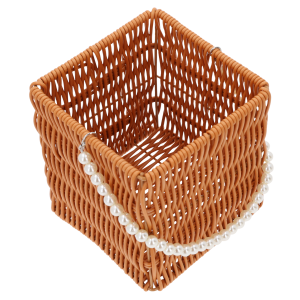Kwadratowy brązowy koszyk z perełkami 14x14x15H z plecionki dekoracyjnej