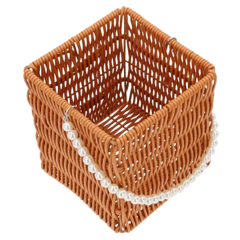 Kwadratowy brązowy koszyk z perełkami 14x14x15H z plecionki dekoracyjnej