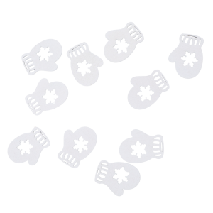 Zestaw 10 białych drewnianych dekoracji zimowych w kształcie rękawiczek o wymiarach 4x3 cm.