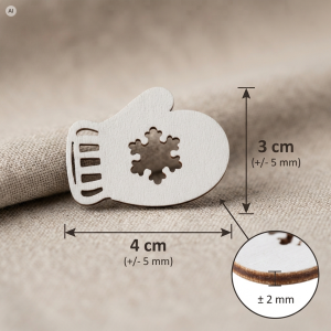 Infografika przedstawiająca drewniane dekoracje zimowe rękawiczki 10 sztuk o wymiarach 4x3 cm w białym kolorze z wyciętym wzorem płatka śniegu.