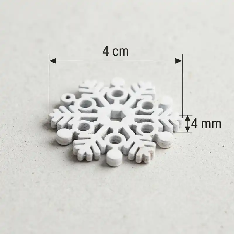 Biała drewniana śnieżynka o średnicy 4 cm z okrągłymi otworami i oznaczeniami wymiarów.