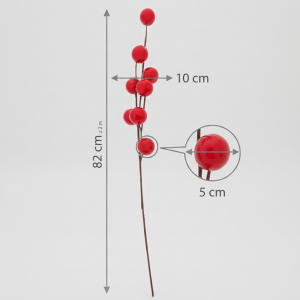 Infografika przedstawiająca czerwoną gałązkę dekoracyjną z kulkami o długości 82 cm z zaznaczonymi wymiarami szerokości i detalu.