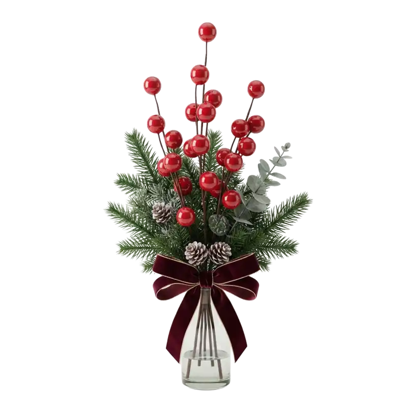 Gałązka dekoracyjna z czerwonymi kulkami 82 cm w szklanym wazonie jako świąteczna kompozycja florystyczna z gałązkami iglaka i szyszkami.