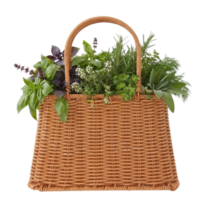 Prostokątny brązowy koszyk z tworzywa sztucznego o wymiarach 26x18x30H z uchwytami, wypełniony świeżymi ziołami jako dekoracja.