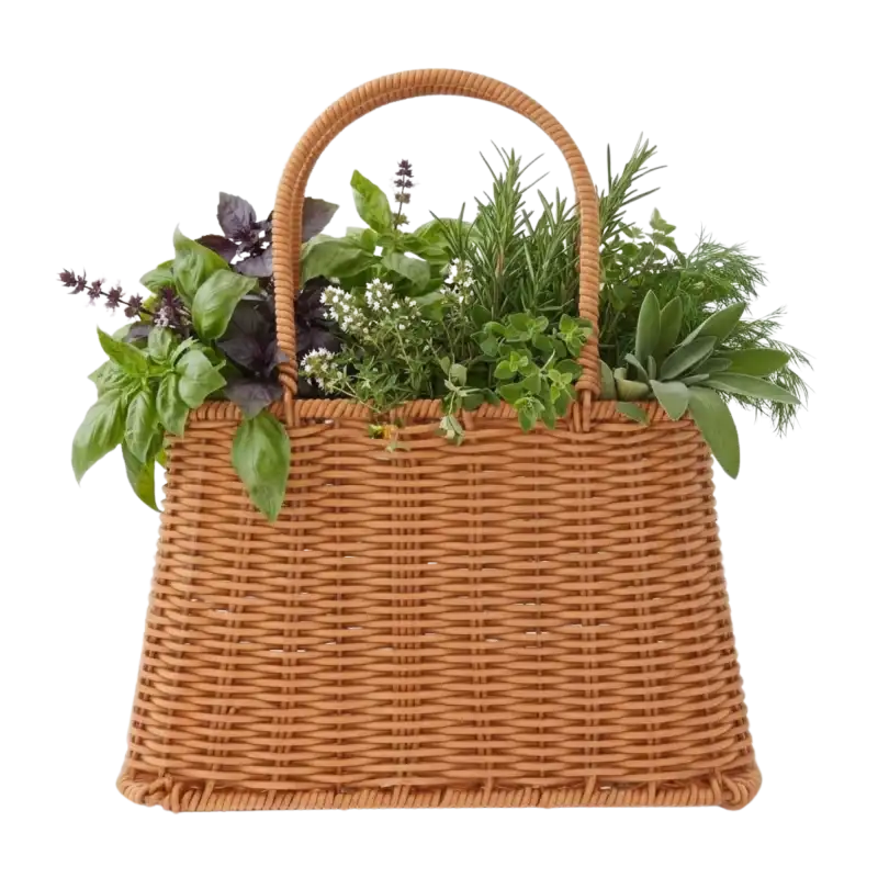 Prostokątny brązowy koszyk z tworzywa sztucznego o wymiarach 26x18x30H z uchwytami, wypełniony świeżymi ziołami jako dekoracja.