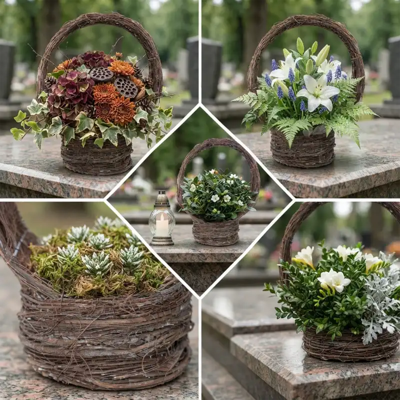 Kolaż z pięcioma aranżacjami w okrągłym drewnianym koszu z gałęzi: stroiki z kwiatami, mchem i zniczem na nagrobku.