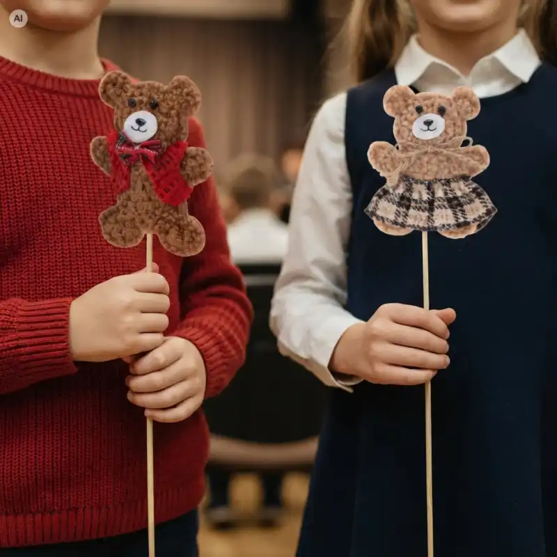 Dwoje dzieci trzyma filcowe misie na piku o wysokości 33 cm – po lewej miś w czerwonym sweterku, po prawej beżowy miś w spódniczce.
