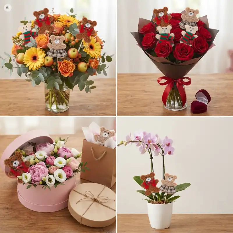 Kolaż przedstawiający beżowy filcowy miś na piku 33 cm w spódniczce w kompozycjach florystycznych: w bukiecie, flowerboxie, doniczce i czerwonych różach.
