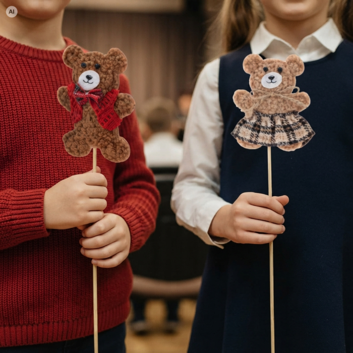 Dwoje dzieci trzyma filcowe misie na piku o wysokości 33 cm – brązowego z kokardką i w czerwonym sweterku oraz drugiego w spódniczce w kratę.