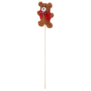 Brązowy filcowy miś na piku 33 cm z kokardką, idealny do kompozycji florystycznych.