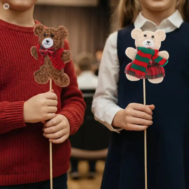 Dzieci trzymają filcowy miś na piku beżowy z szalikiem 33 cm oraz brązowy miś w sweterku jako dekoracje.