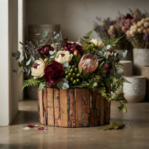 Okrągła drewniana osłonka na kwiaty Ø 33 cm z naturalną korą wypełniona bujną kompozycją florystyczną.