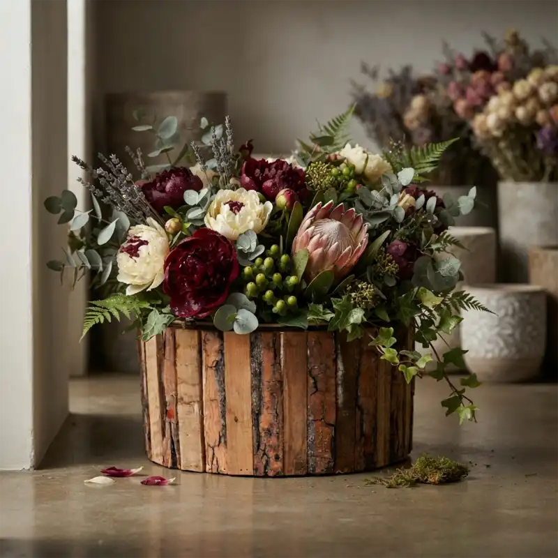 Okrągła drewniana osłonka na kwiaty Ø 33 cm z naturalną korą wypełniona bujną kompozycją florystyczną.