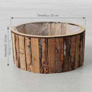 Okrągła drewniana osłonka na kwiaty Ø 33 cm z naturalną korą i folią ochronną wewnątrz, ukazująca wymiary produktu.