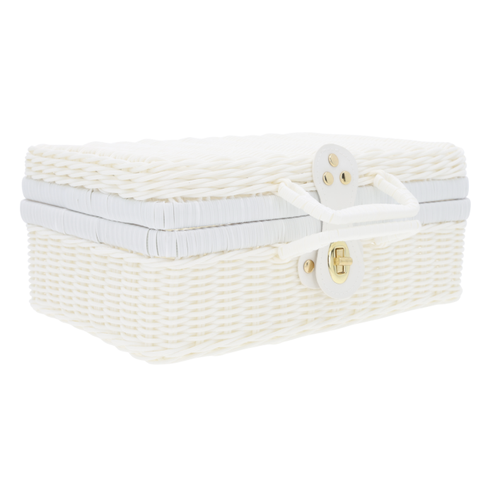 Biały kuferek dekoracyjny walizka 30x22 cm z plecionki ze złotym zapięciem