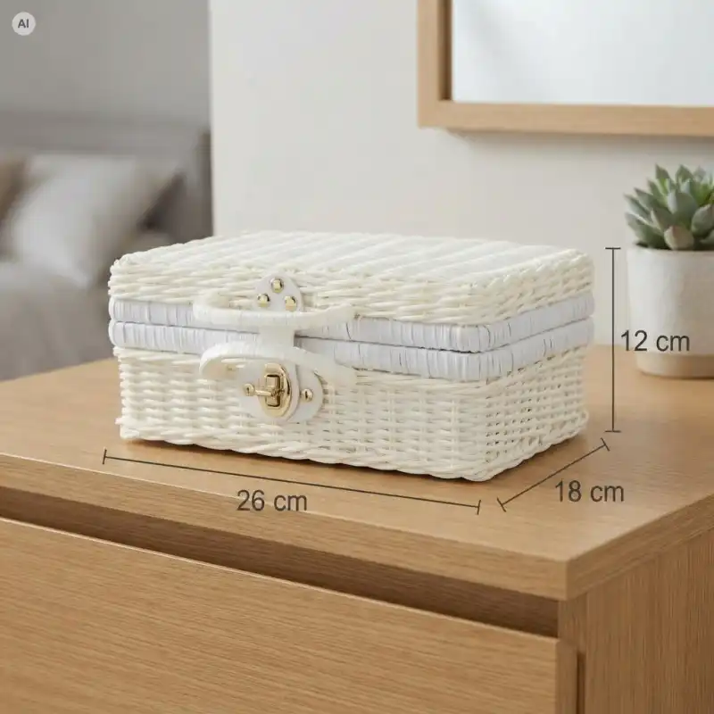 Biały kuferek dekoracyjny walizka 26x18 cm z plecionki ze złotym zapięciem, stojący na drewnianej komodzie.
