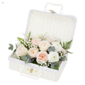 Biały kuferek dekoracyjny walizka 26x18 cm z plecionki, wypełniony kompozycją z jasnych róż i eukaliptusa.