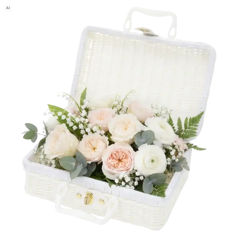 Biały kuferek dekoracyjny walizka 26x18 cm z plecionki, wypełniony kompozycją z jasnych róż i eukaliptusa.
