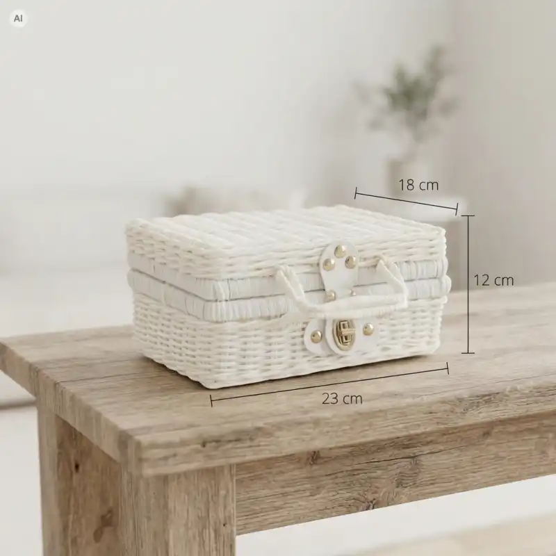 Biały kuferek dekoracyjny walizka 23x18 cm z plecionki ze złotym zapięciem, ustawiony na drewnianym stole.