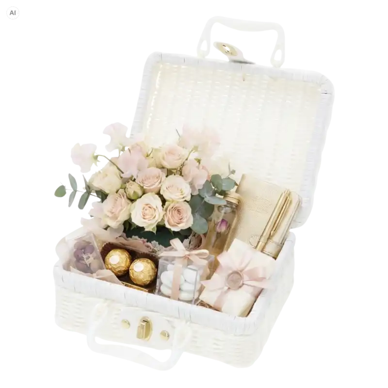 Biały kuferek dekoracyjny walizka 23x18 cm wypełniony kwiatami i upominkami