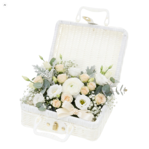 Biały kuferek dekoracyjny walizka 23x18 cm wypełniony kompozycją kwiatową z jasnych róż i eustomy ze złotym zapięciem.