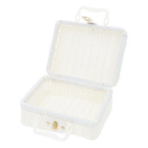 Biały kuferek dekoracyjny walizka 23x18 cm z plecionki, otwarty, ze złotym zapięciem