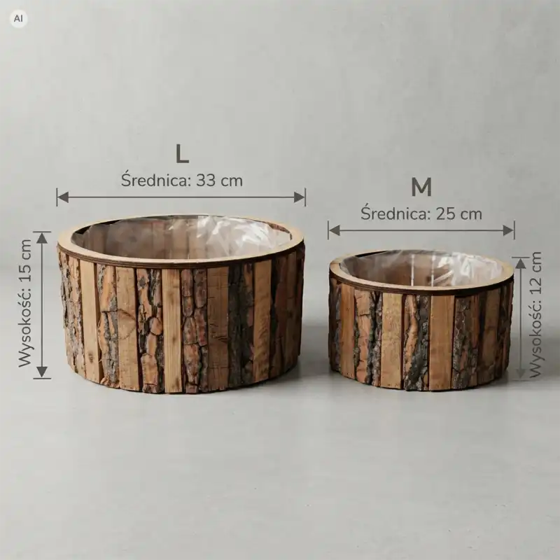Infografika przedstawiająca okrągłe drewniane osłonki na doniczki z korą 2 szt. w rozmiarach L (33x15 cm) i M (25x12 cm) z folią ochronną.
