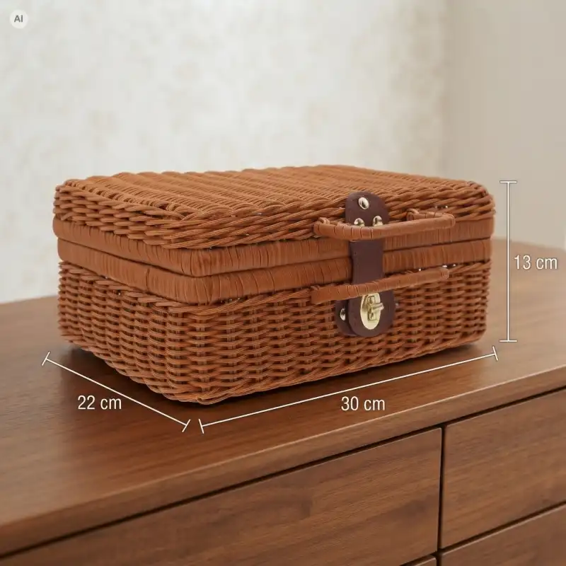 Brązowy kuferek dekoracyjny walizka 30x22 cm z plecionki z ozdobnym zapięciem stojący na komodzie