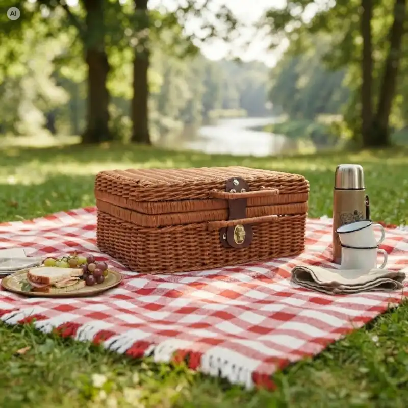 Brązowy kuferek dekoracyjny walizka 30x22 cm podczas pikniku na czerwono-białej kraciastej kocu na trawie