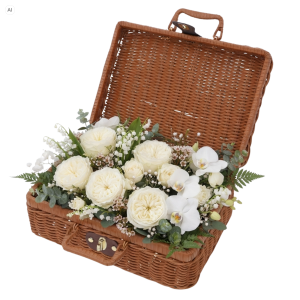 Brązowy kuferek dekoracyjny walizka 30x22 cm wypełniony bukietem białych róż i storczyków.