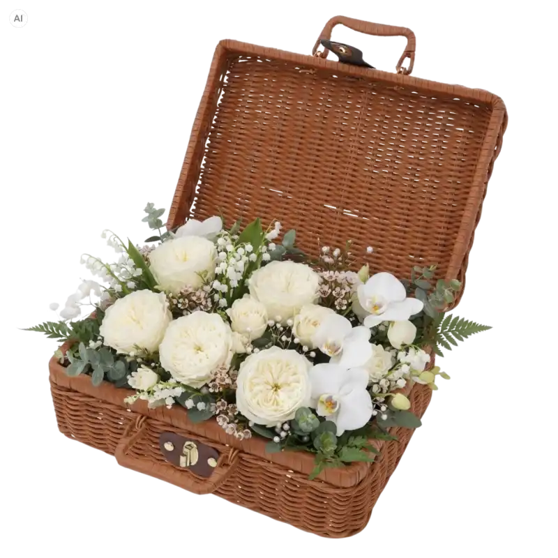 Brązowy kuferek dekoracyjny walizka 30x22 cm wypełniony bukietem białych róż i storczyków.