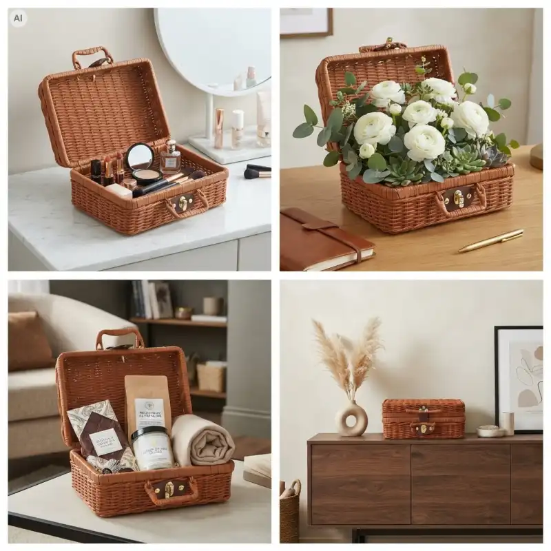 Kolaż przedstawiający brązowy kuferek dekoracyjny walizkę 26x18 cm w różnych aranżacjach: jako organizer na kosmetyki, flowerbox z białymi kwiatami, zestaw prezentowy oraz dekoracja komody.