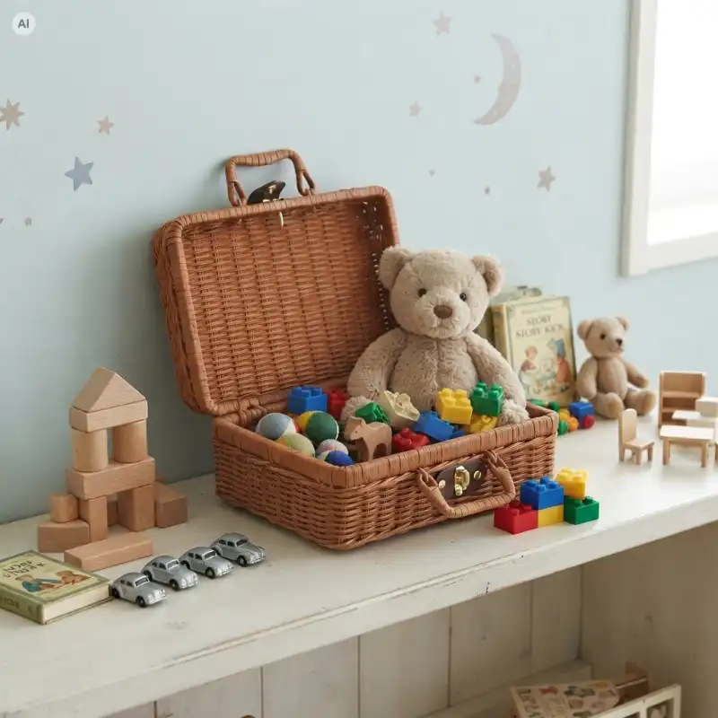 Brązowy kuferek dekoracyjny walizka 26x18 cm otwarta w pokoju dziecięcym jako organizer na zabawki, z misiem i klockami.