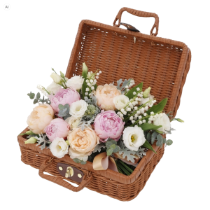Otwarty brązowy kuferek dekoracyjny walizka 26x18 cm wypełniony bukietem pastelowych kwiatów ze złotym zapięciem.