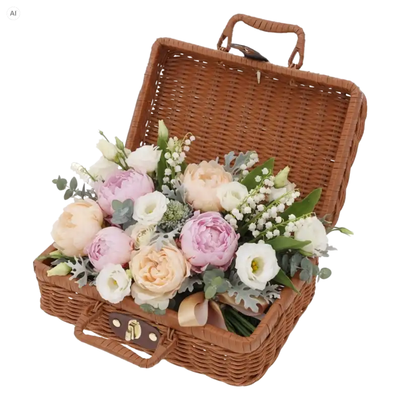 Otwarty brązowy kuferek dekoracyjny walizka 26x18 cm wypełniony bukietem pastelowych kwiatów ze złotym zapięciem.