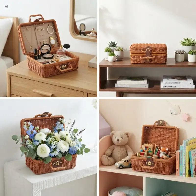 Kolaż przedstawiający brązowy kuferek dekoracyjny walizkę 23x18 cm w różnych aranżacjach: jako organizer na kosmetyki, ozdoba na półce, osłonka na kompozycję kwiatową oraz pojemnik na zabawki w pokoju dziecka.