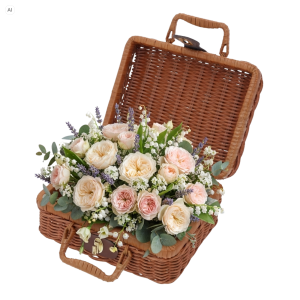 Otwarty brązowy kuferek dekoracyjny walizka 23x18 cm wypełniony bukietem kremowych róż i lawendy.