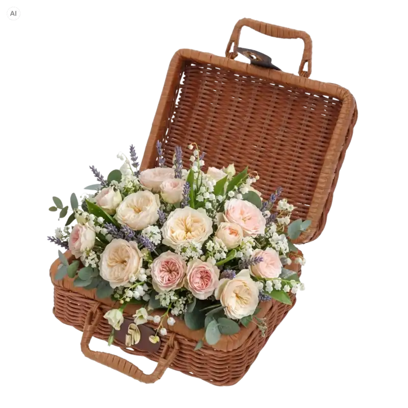 Otwarty brązowy kuferek dekoracyjny walizka 23x18 cm wypełniony bukietem kremowych róż i lawendy.