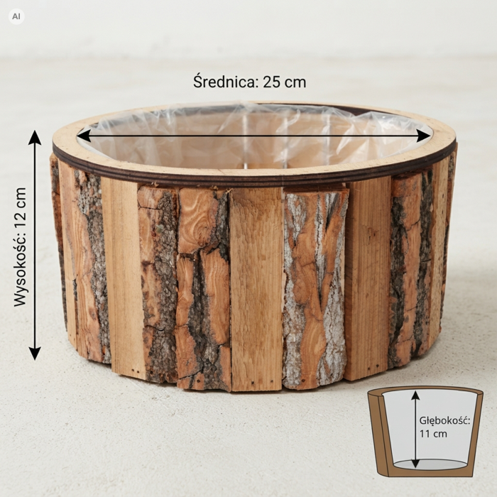 Okrągła drewniana osłonka na doniczkę Ø 25 cm z naturalną korą i folią ochronną, pokazująca wymiary produktu na jasnym tle.