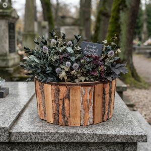 Okrągła drewniana osłonka na doniczkę Ø 25 cm z naturalną korą, wypełniona kompozycją florystyczną na nagrobku.