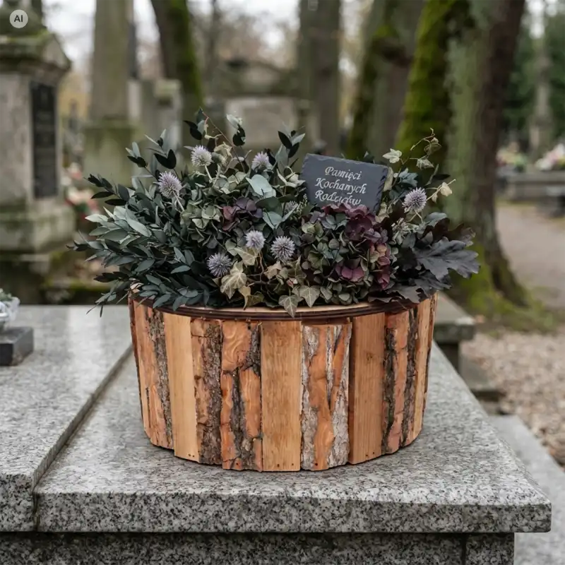 Okrągła drewniana osłonka na doniczkę Ø 25 cm z naturalną korą, wypełniona kompozycją florystyczną na nagrobku.