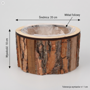 Infografika przedstawiająca okrągłą drewnianą osłonkę z naturalną korą o średnicy 20 cm i wkładem foliowym.
